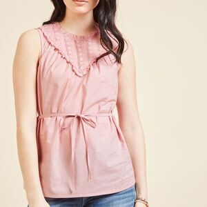 Modcloth Pink Tie Front Ruffle Lace Top Blouse Shirt Large Spring Summer